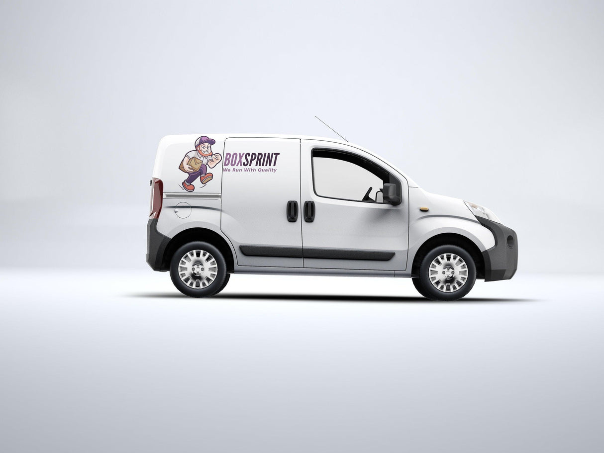 Custom vehicle branding decal displayed on a white van.
