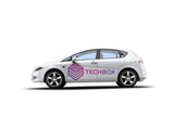 Custom vinyl vehicle graphic displayed on a white car.