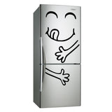 Funny happy face refrigerator decal on a stainless steel fridge, adding humor to kitchen decor.
