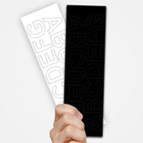 Vinyl removable letter stickers in black and white, showcasing alphabet design for custom signage.