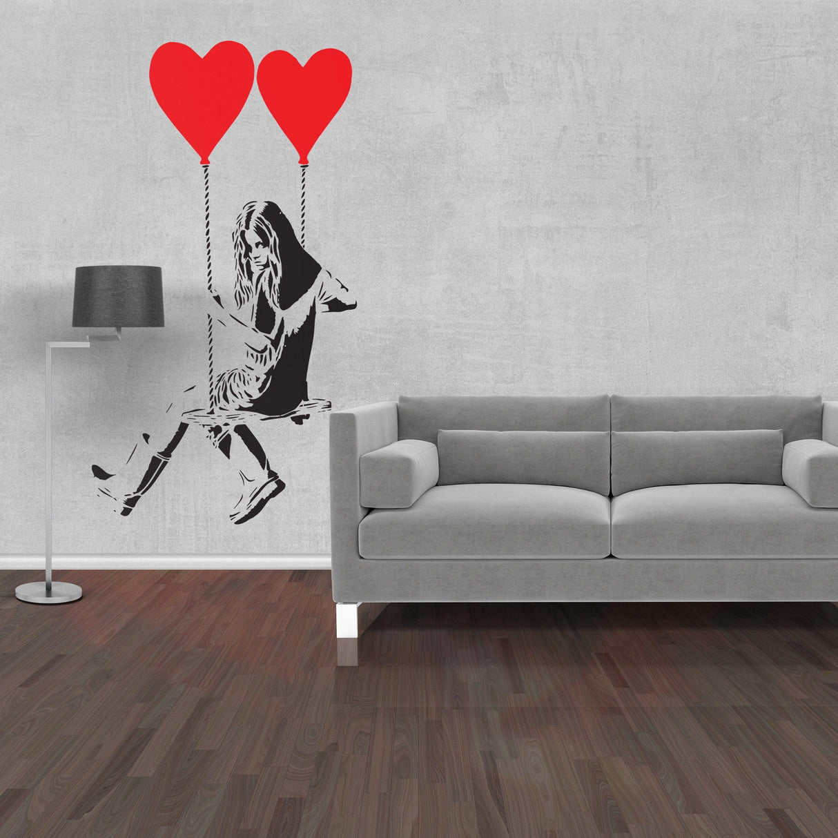 Girl with heart balloon wall sticker in a stylish living room.