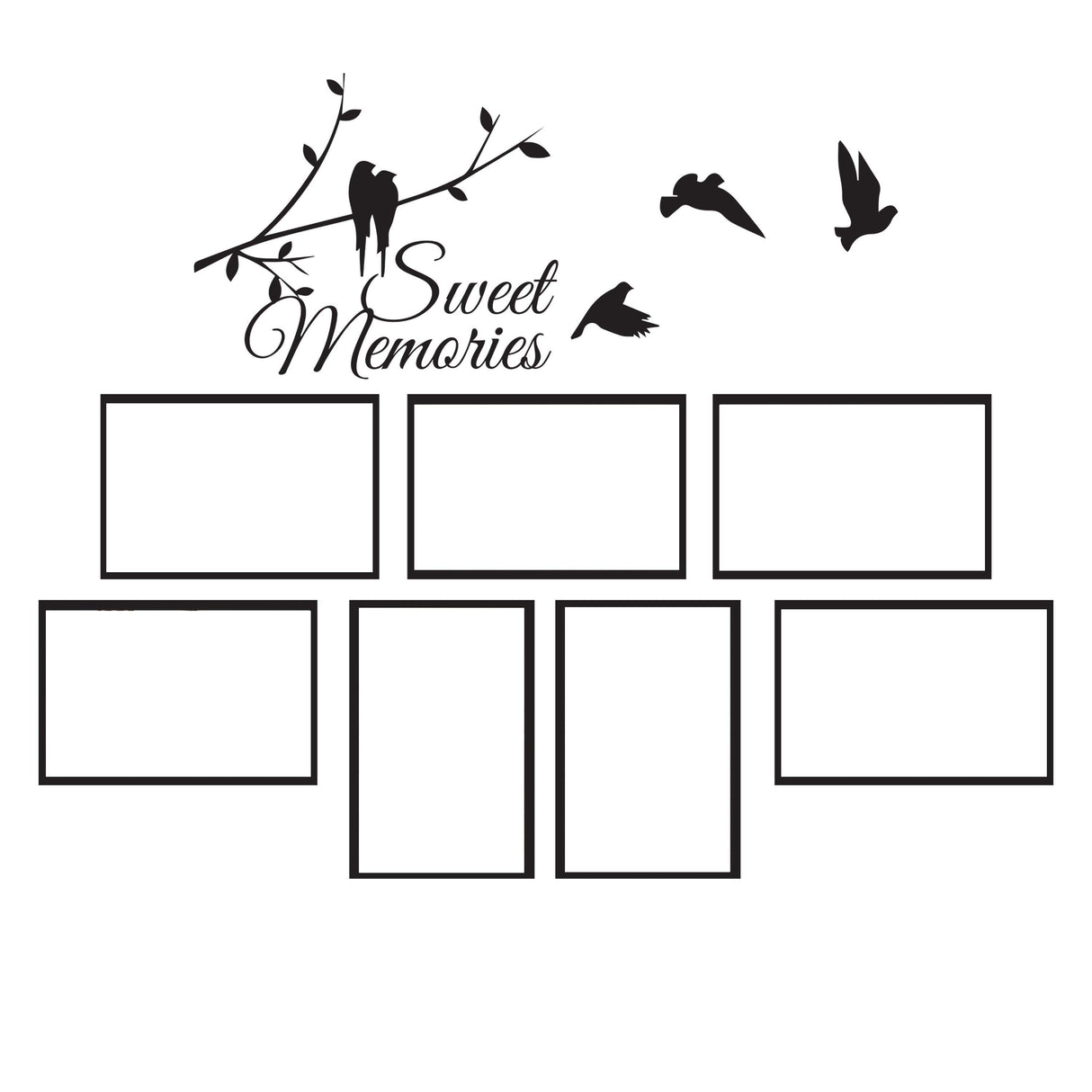 Vinyl wall decal featuring 'Sweet Memories' text, birds, and frames for photos.