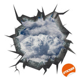 3D ceiling sticker of a blue sky with clouds breaking through a wall, adding a dreamy decor to bedrooms.