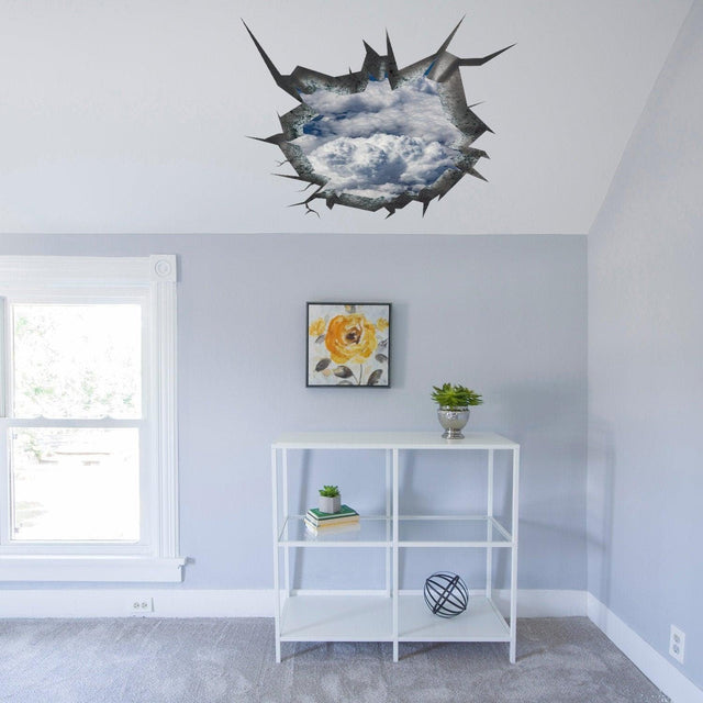 3D ceiling sticker featuring a blue sky and clouds design, creating a porthole effect in a stylish bedroom.