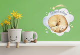 Cute wall decal of a sleeping fox with the text 'Sound asleep', surrounded by stars on a green nursery wall.
