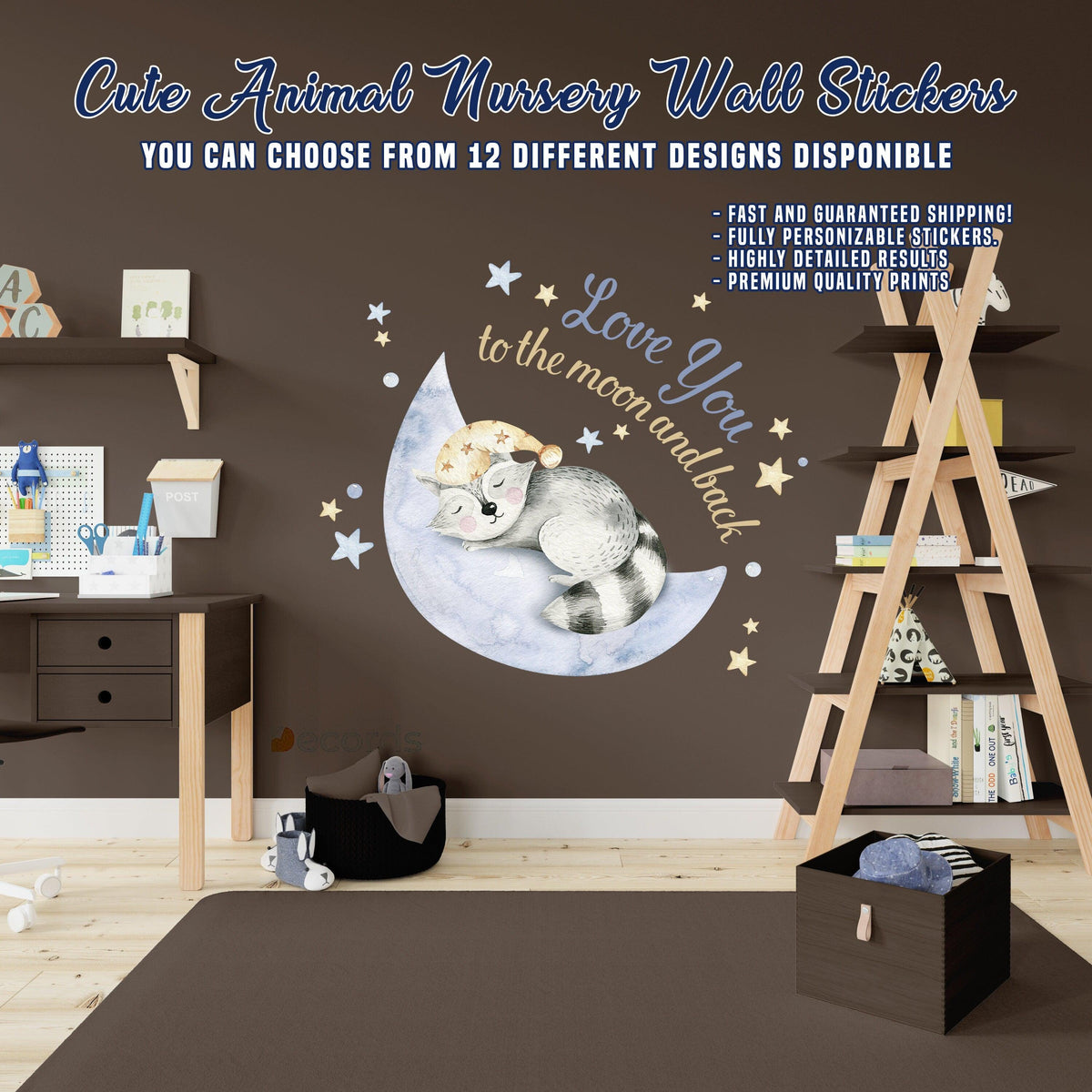 Cute animal nursery wall stickers featuring a moon, stars, and a playful design.