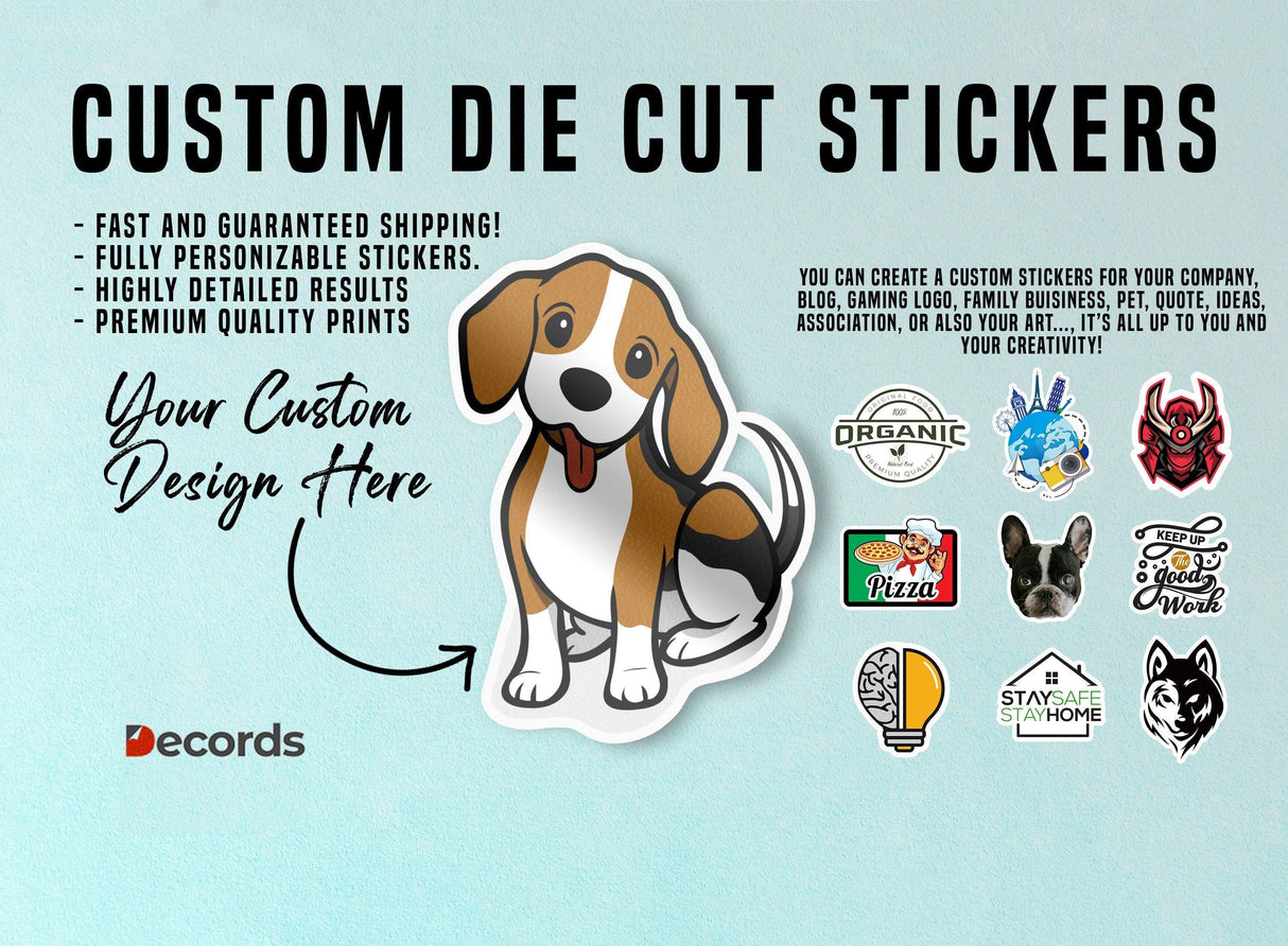 Custom die cut stickers displayed with a beagle design, showcasing personalized options and various styles.
