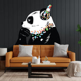 Panda in headphones wall sticker adorned with colorful decor above a modern sofa in a stylish living room.