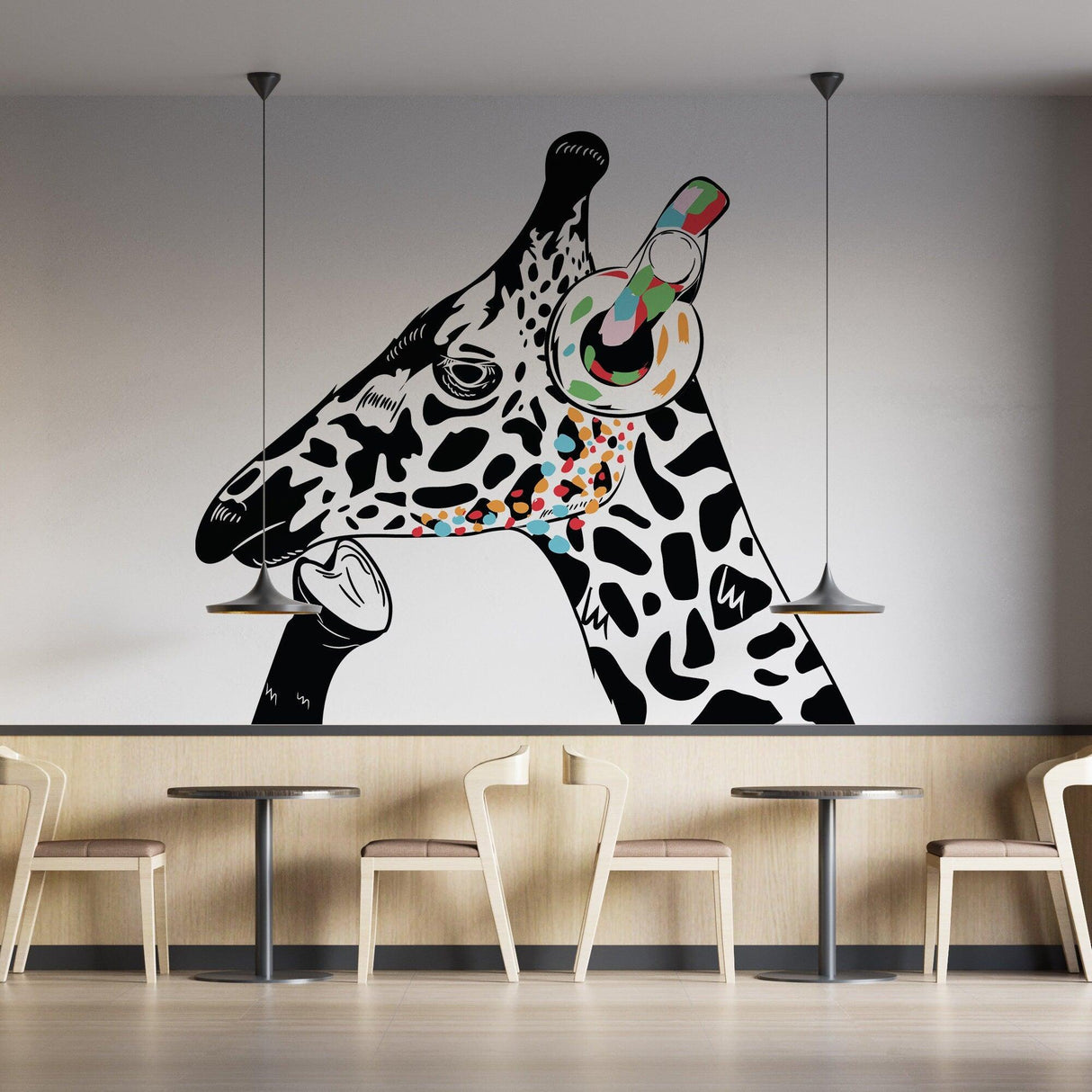 Giraffe wall art sticker featuring a colorful giraffe with headphones, adding a whimsical touch to modern decor.