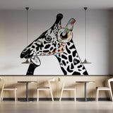 Giraffe wall art sticker featuring a colorful giraffe with headphones, adding a whimsical touch to modern decor.