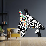 Giraffe wall art sticker with colorful headphones against a modern room backdrop, adding whimsy to home decor.