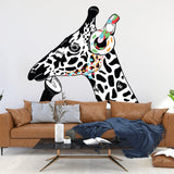 Giraffe wall art sticker featuring a colorful giraffe wearing headphones.