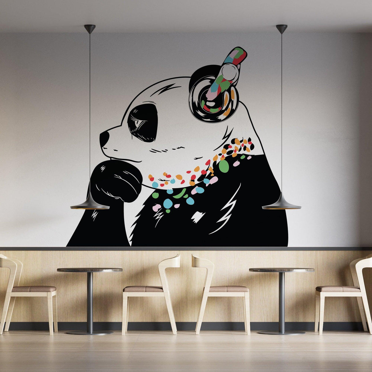 Panda in headphones graffiti wall decal in a modern room setting.