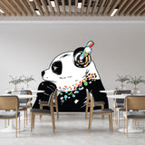 Panda in headphones wall decal displayed in a modern dining space.
