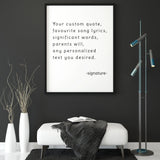 Custom quote poster print with personalized text on a black wall, featuring modern decor elements.