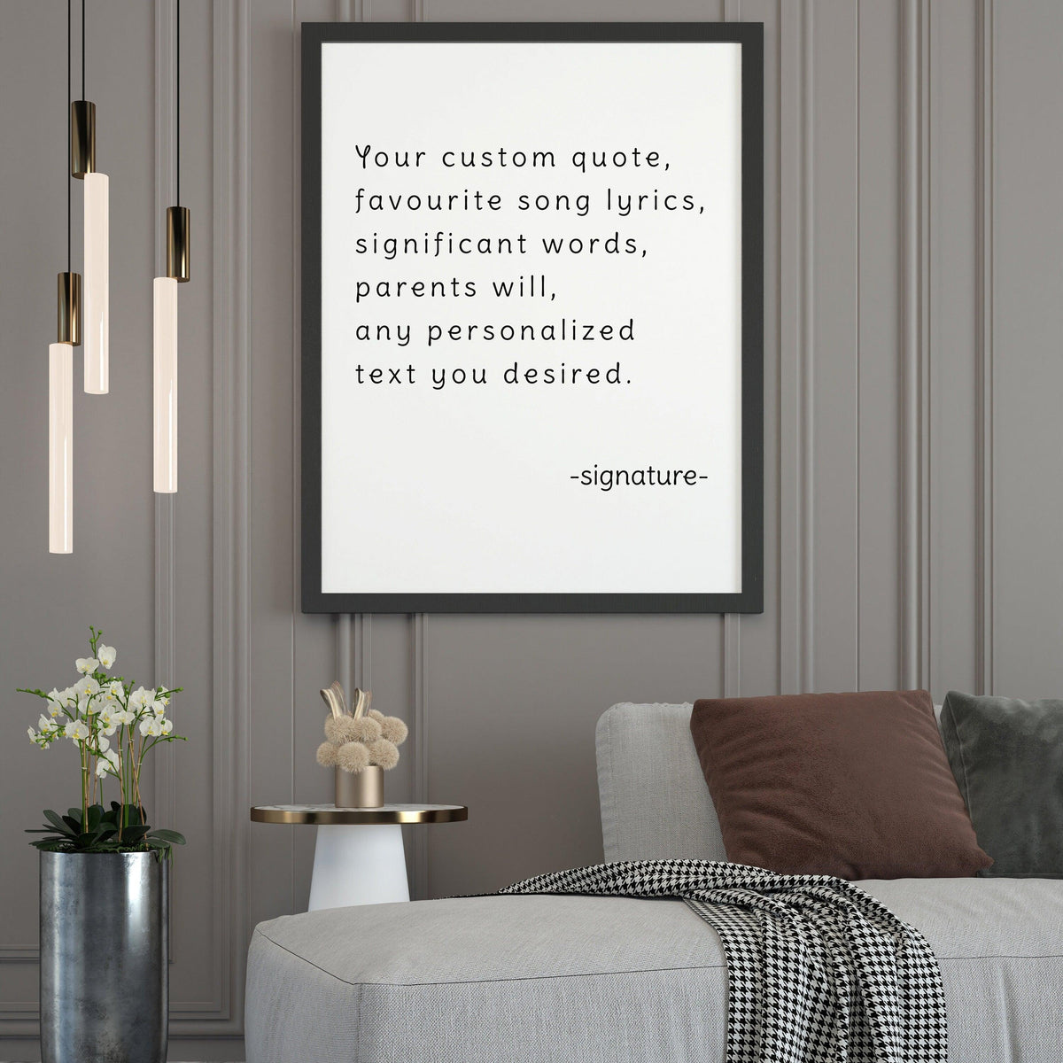 Custom quote poster print showcasing personalized text with inspirational message and modern decor elements.
