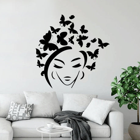 Butterfly wall sticker featuring a woman's face with butterflies as hair.