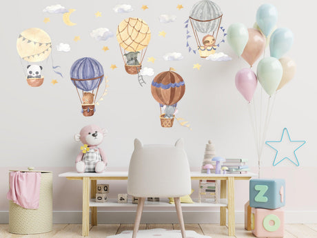 Colorful hot air balloon wall stickers featuring cute animals.