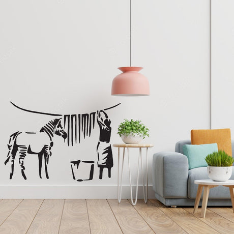 Zebra Stripes wall decal displayed in a modern laundry-room interior.