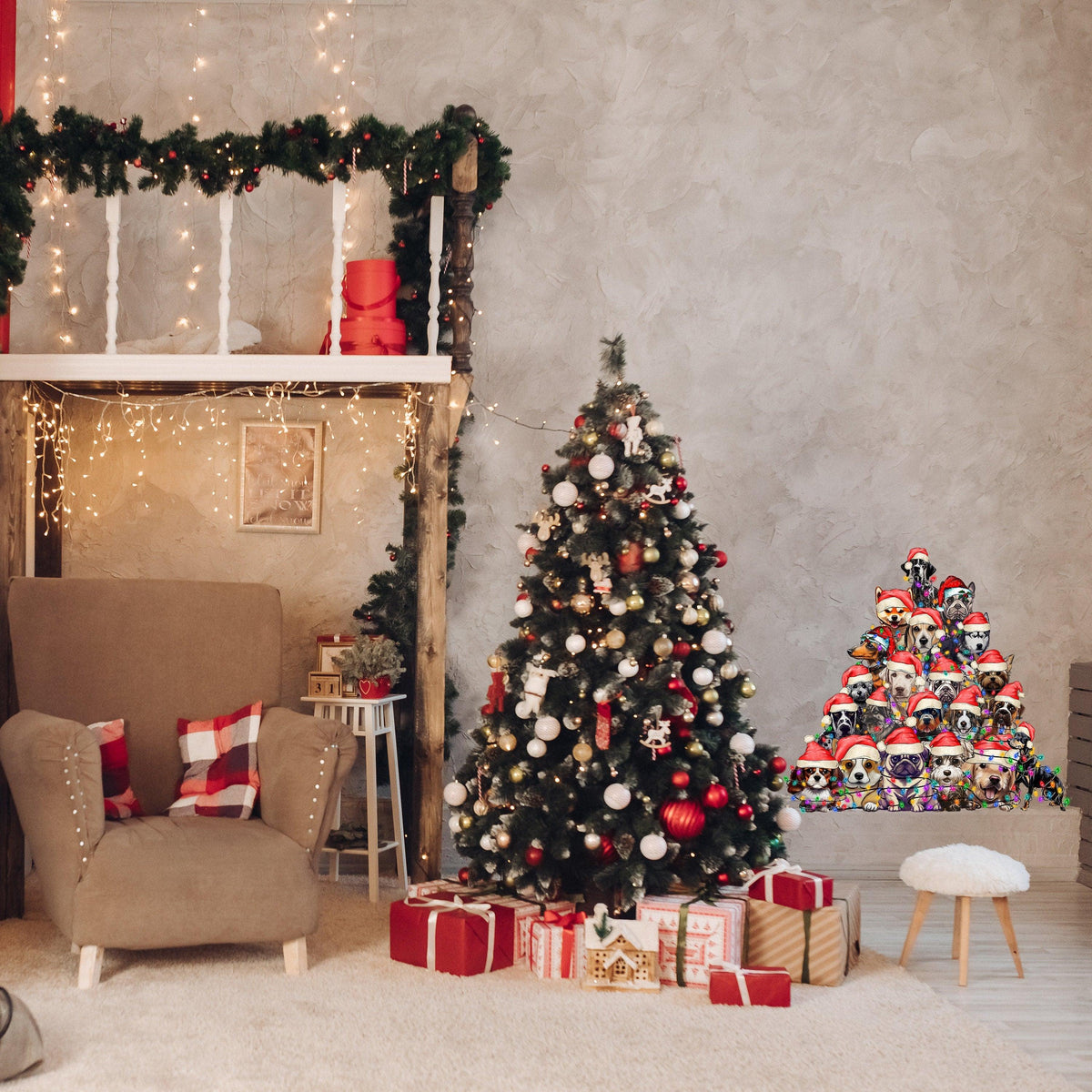 Whimsical dog-themed Christmas tree wall sticker in a cozy holiday living room with presents.