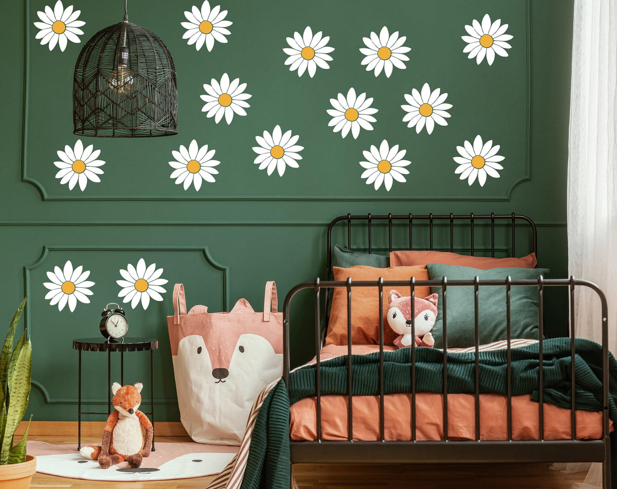 Stylish bedroom featuring 24 daisy wall decals on green walls.