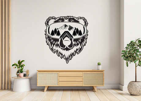 Vinyl wall decal of a bear wearing sunglasses with mountains and trees.