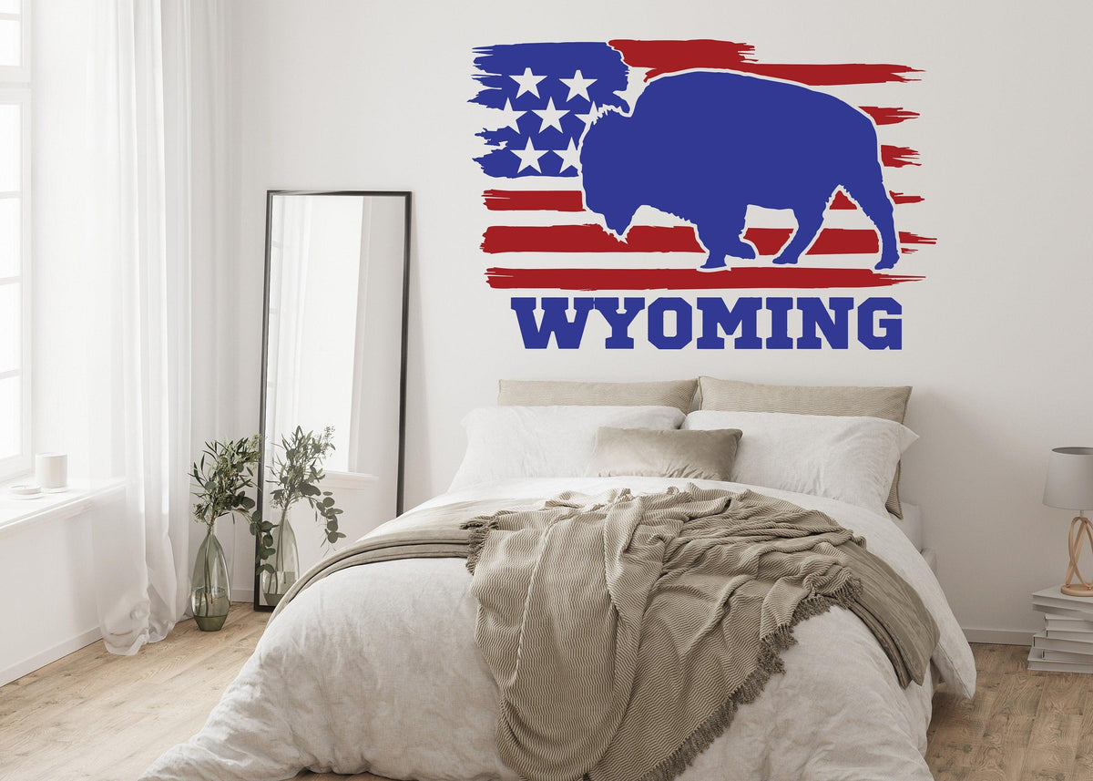 Wyoming state wall decal featuring a bison silhouette and American flag design.