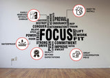Motivational gym wall decal featuring the word 'FOCUS' with inspirational fitness words and installation features.