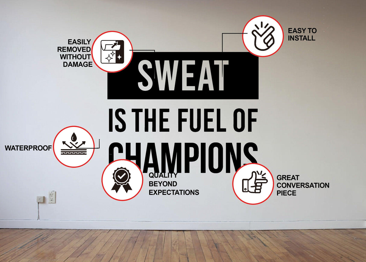 Gym quote wall decal 'Sweat is the Fuel of Champions' highlighting installation and quality features.