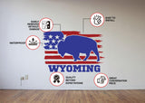 Product features graphic for the Wyoming bison and flag wall decal.