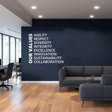 Inspirational office wall decal showcasing values: Agility, Respect, Diversity, Integrity and Excellence and Innovation.