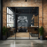 Custom window decal displaying business hours in a modern café storefront.