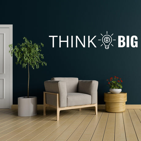 Настенная наклейка THINK BIG над креслом в современном офисе.