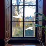 Window view featuring Anti-Collision Bird Decals to prevent bird strikes, with silhouettes of flying birds.