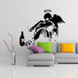 Fallen angel street art wall sticker with wings and halo.