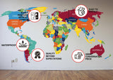 Colorful world map vinyl wall decal with features highlighted.
