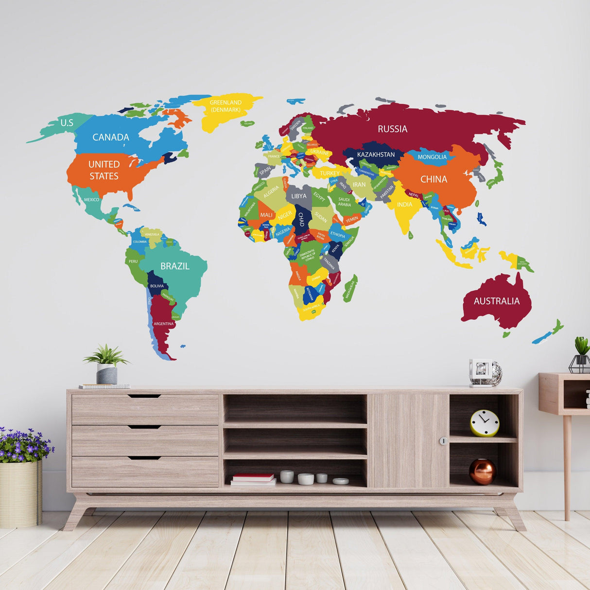 Colorful world map vinyl wall sticker with country names.