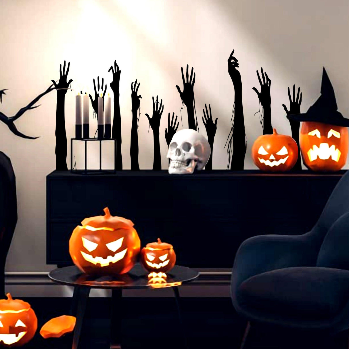 Hand silhouette vinyl decals displayed on a dark wall.