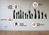 Hand silhouette vinyl decal set with product features and installation information.