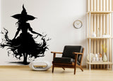 Halloween witch silhouette and flame design vinyl decal for seasonal wall decor.