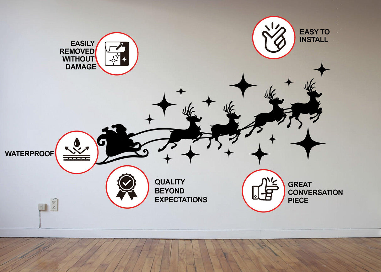 Santa sleigh with reindeer wall decal.