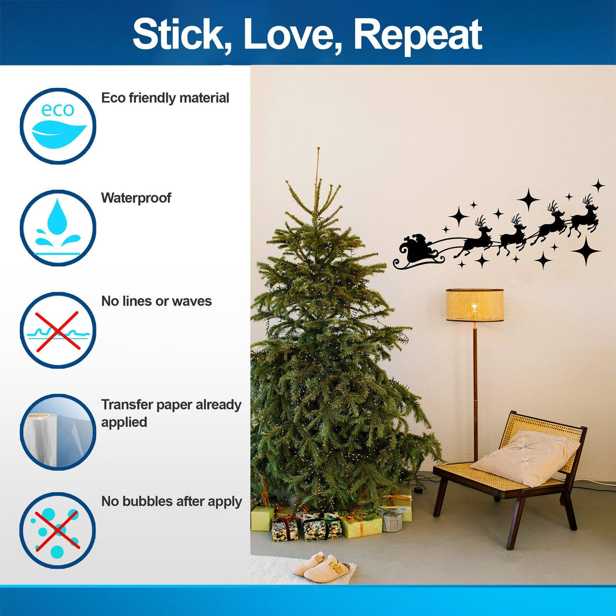 Product features graphic for the Santa sleigh and reindeer wall decal.