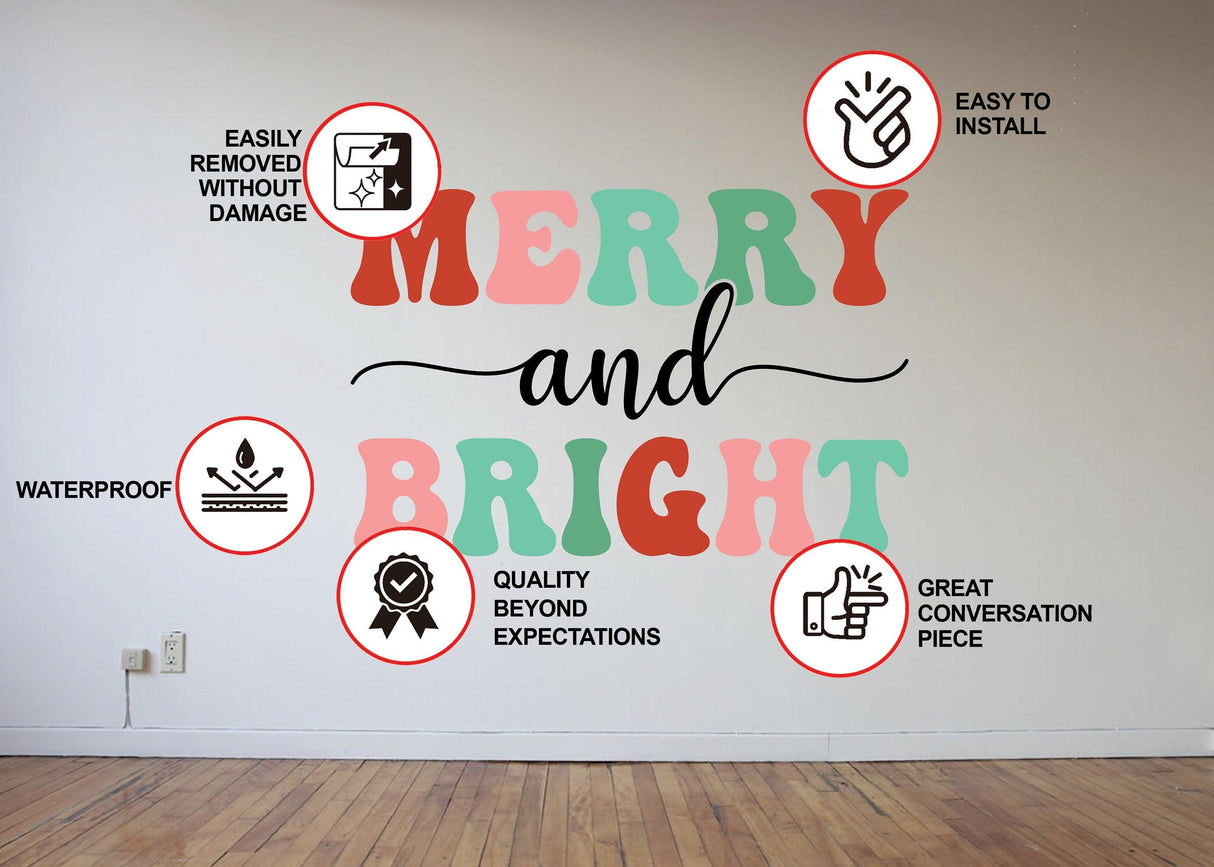 Colorful Merry and Bright Christmas wall decal shown in a festive product presentation.