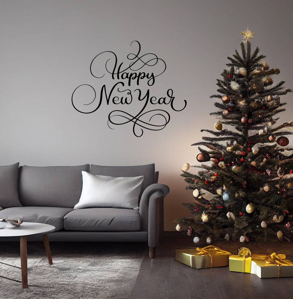 Elegant 'Happy New Year' wall vinyl sticker above a cozy sofa and Christmas tree with gifts.