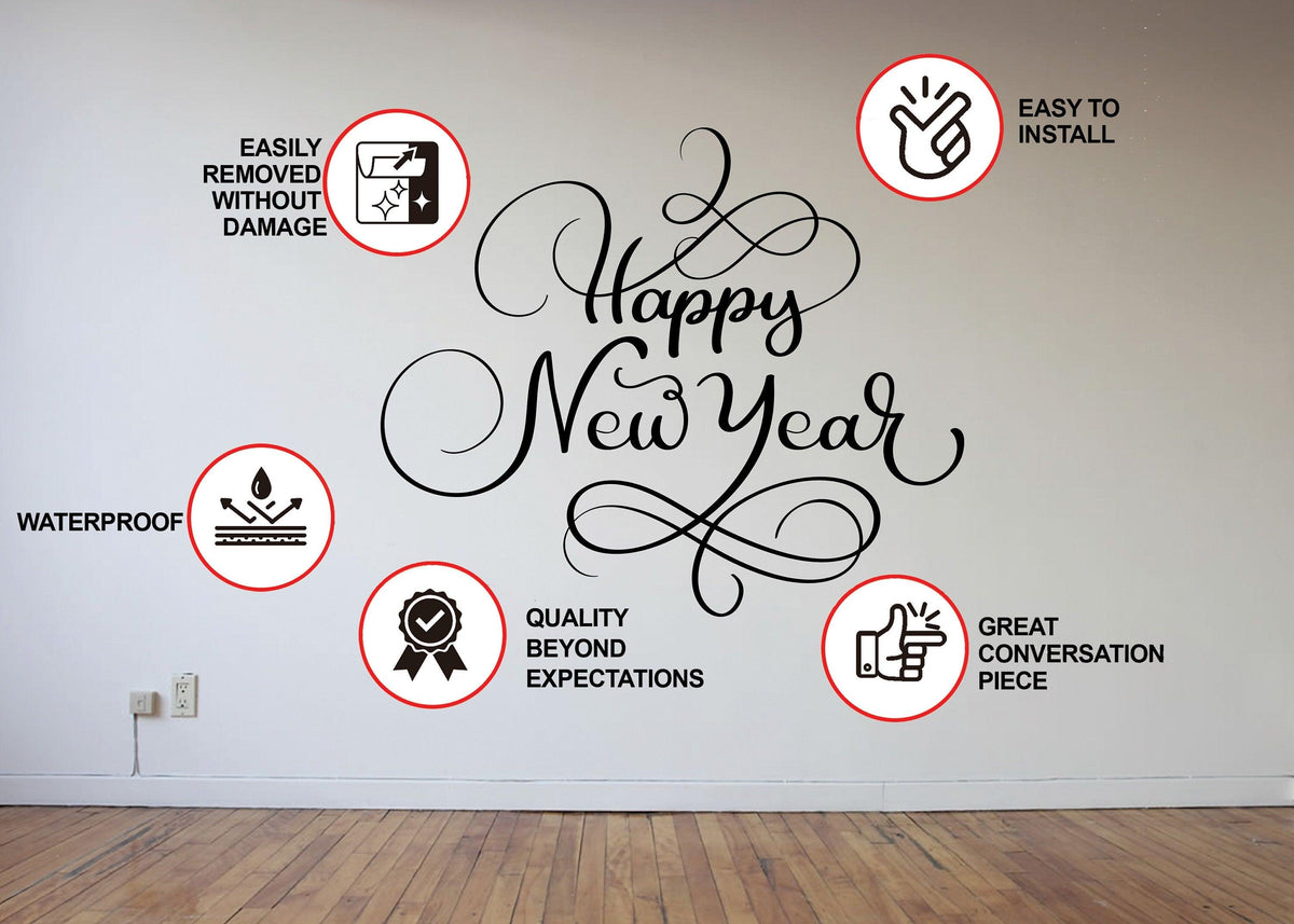 Product features graphic for the Happy New Year wall vinyl sticker.