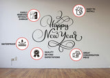 Product features graphic for the Happy New Year wall vinyl sticker.
