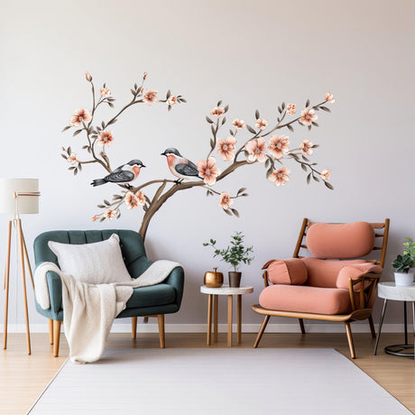 Tree wall sticker with blossom flowers and birds, elegant vinyl decor for a serene living room.