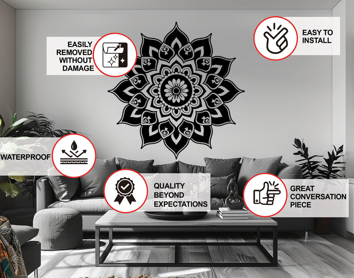 Sacred geometry mandala wall decal product features graphic.