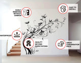 Elegant flowers wall decals with installation instructions and features on a living room wall.