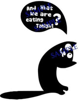 Funny vinyl sticker of a cat with a speech bubble asking what to eat tonight.
